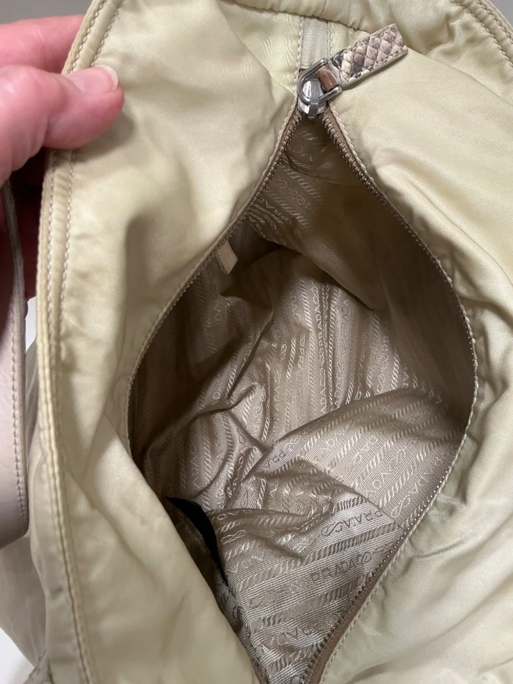 Prada beige nylon shoulder bag with genuine python accents